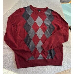 Apt. 9 Sweater Medium V Neck Argyle Plaid Red Merino Wool Acrylic Preppy READ